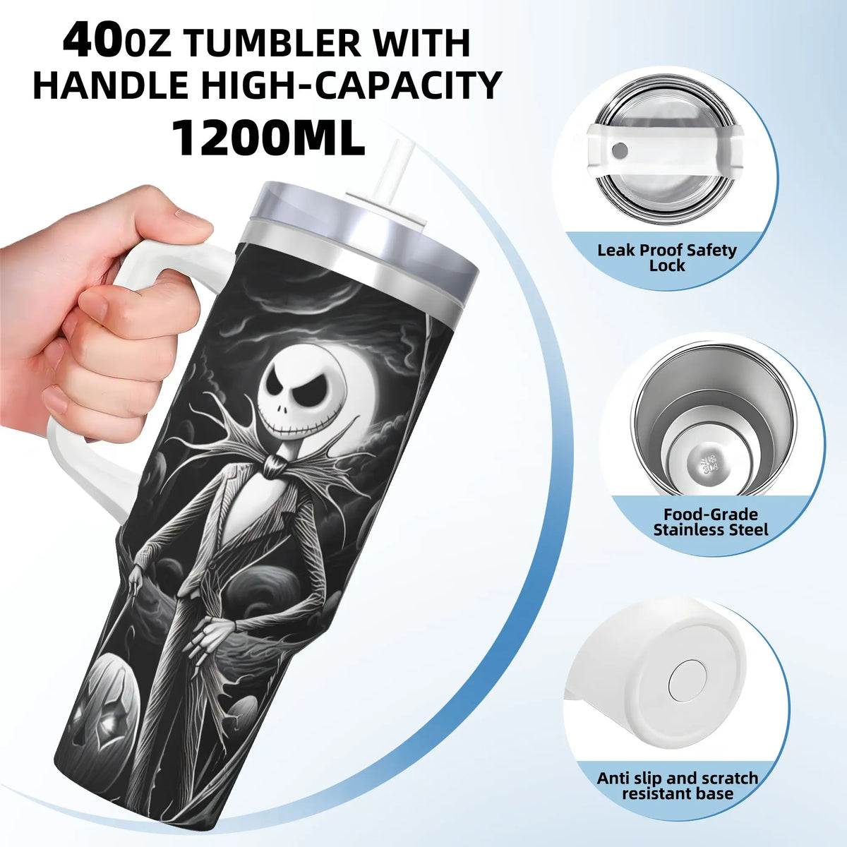 The Nightmare Before Christmas Jack Stainless Steel Tumbler  Driving Car Mugs Large Coffee Mug Cold Drink Milk Tea Water Bottle