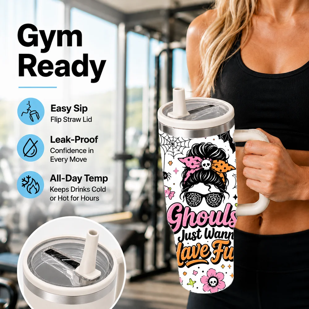 Spooky Halloween Ghost Vacuum Flasks 40oz Large Capacity Stainless Steel Tumbler with Handle Straw Lid Insulated Travel Mug Cup