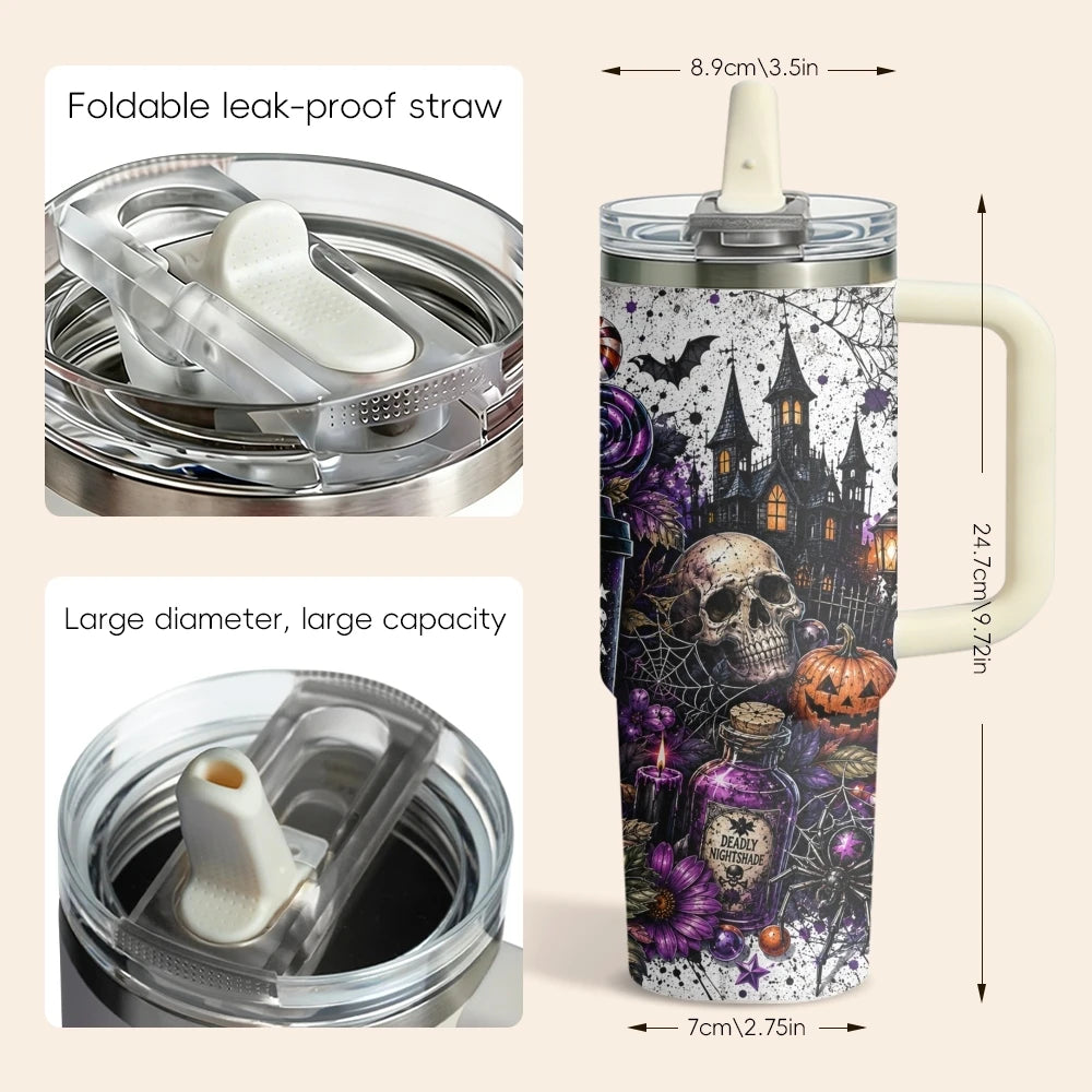 Halloween Horror Skull Pumpkin Purple Rose Print Vacuum Flasks 40oz 3rd Stainless Steel Tumbler Cup Handle Straw Lid for Gifts