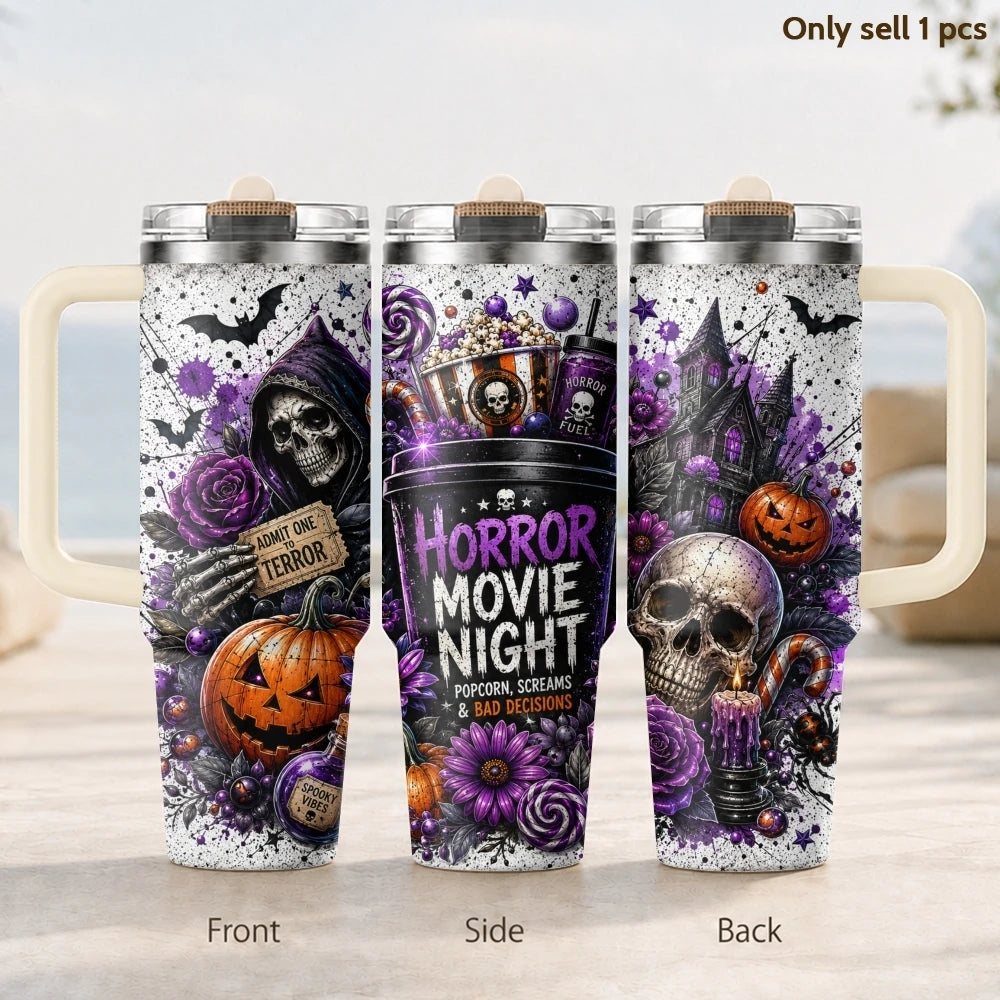 Halloween Horror Skull Pumpkin Purple Rose Print Vacuum Flasks 40oz 3rd Stainless Steel Tumbler Cup Handle Straw Lid for Gifts