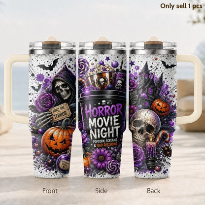 Halloween Horror Skull Pumpkin Purple Rose Print Vacuum Flasks 40oz 3rd Stainless Steel Tumbler Cup Handle Straw Lid for Gifts