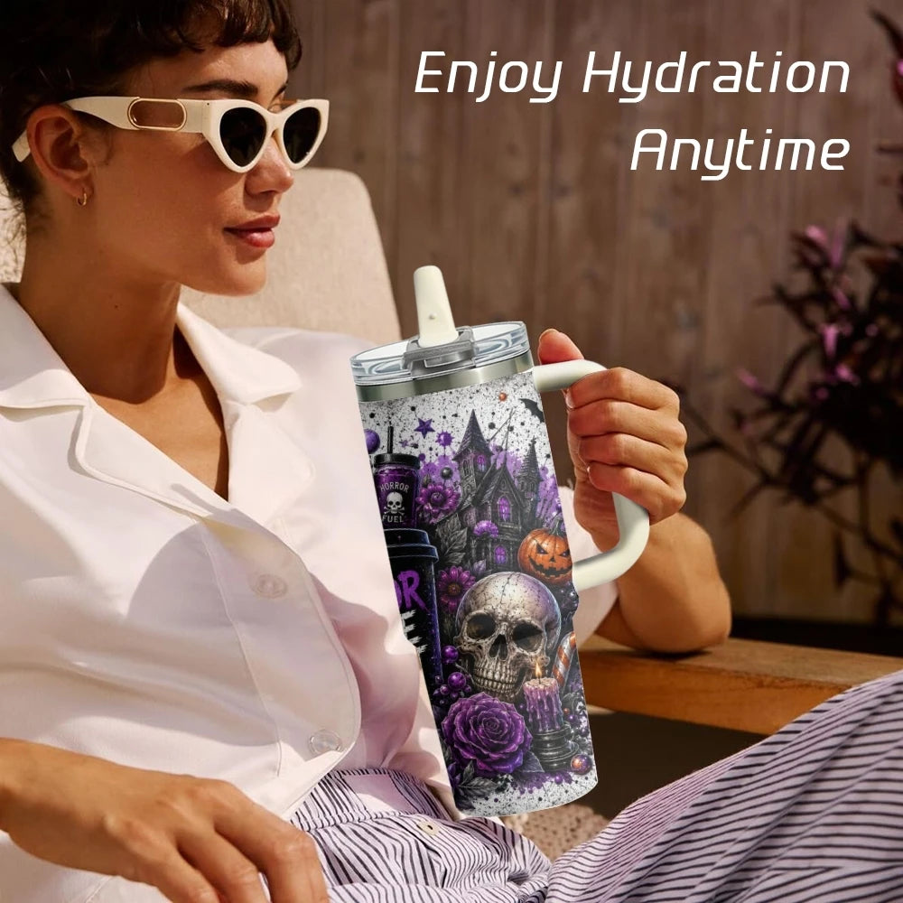 Halloween Horror Skull Pumpkin Purple Rose Print Vacuum Flasks 40oz 3rd Stainless Steel Tumbler Cup Handle Straw Lid for Gifts