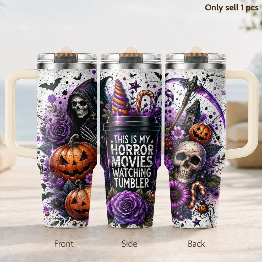 Halloween Horror Skull Pumpkin Purple Rose Print Vacuum Flasks 40oz 3rd Stainless Steel Tumbler Cup Handle Straw Lid for Gifts