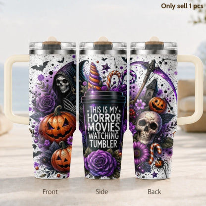 Halloween Horror Skull Pumpkin Purple Rose Print Vacuum Flasks 40oz 3rd Stainless Steel Tumbler Cup Handle Straw Lid for Gifts