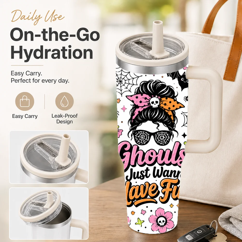 Spooky Halloween Ghost Vacuum Flasks 40oz Large Capacity Stainless Steel Tumbler with Handle Straw Lid Insulated Travel Mug Cup