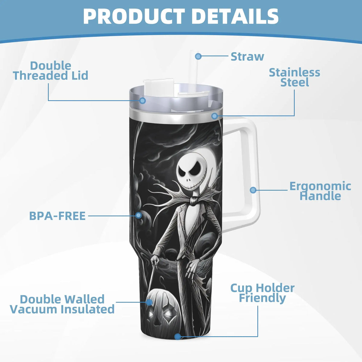 The Nightmare Before Christmas Jack Stainless Steel Tumbler  Driving Car Mugs Large Coffee Mug Cold Drink Milk Tea Water Bottle