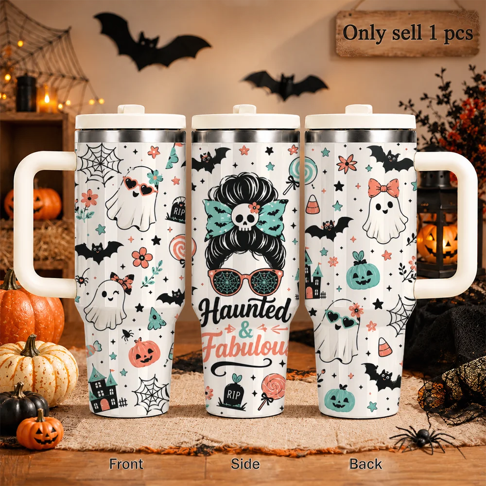 Spooky Halloween Ghost Vacuum Flasks 40oz Large Capacity Stainless Steel Tumbler with Handle Straw Lid Insulated Travel Mug Cup