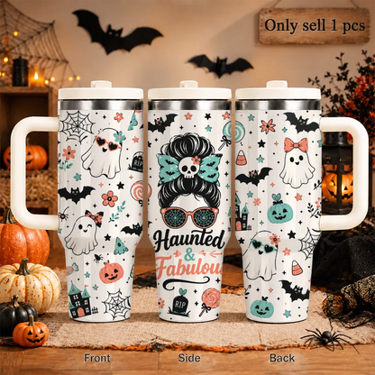 Spooky Halloween Ghost Vacuum Flasks 40oz Large Capacity Stainless Steel Tumbler with Handle Straw Lid Insulated Travel Mug Cup