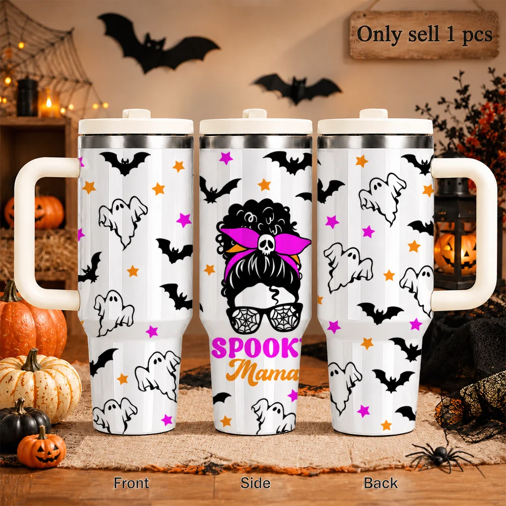 Spooky Halloween Ghost Vacuum Flasks 40oz Large Capacity Stainless Steel Tumbler with Handle Straw Lid Insulated Travel Mug Cup