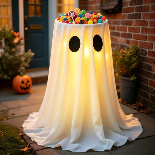 Standing Halloween Glowing Ghost Treat Bucket Height-adjustable Reusable Ghost Candy Bowl Luminous Halloween Candy Holder Bar
