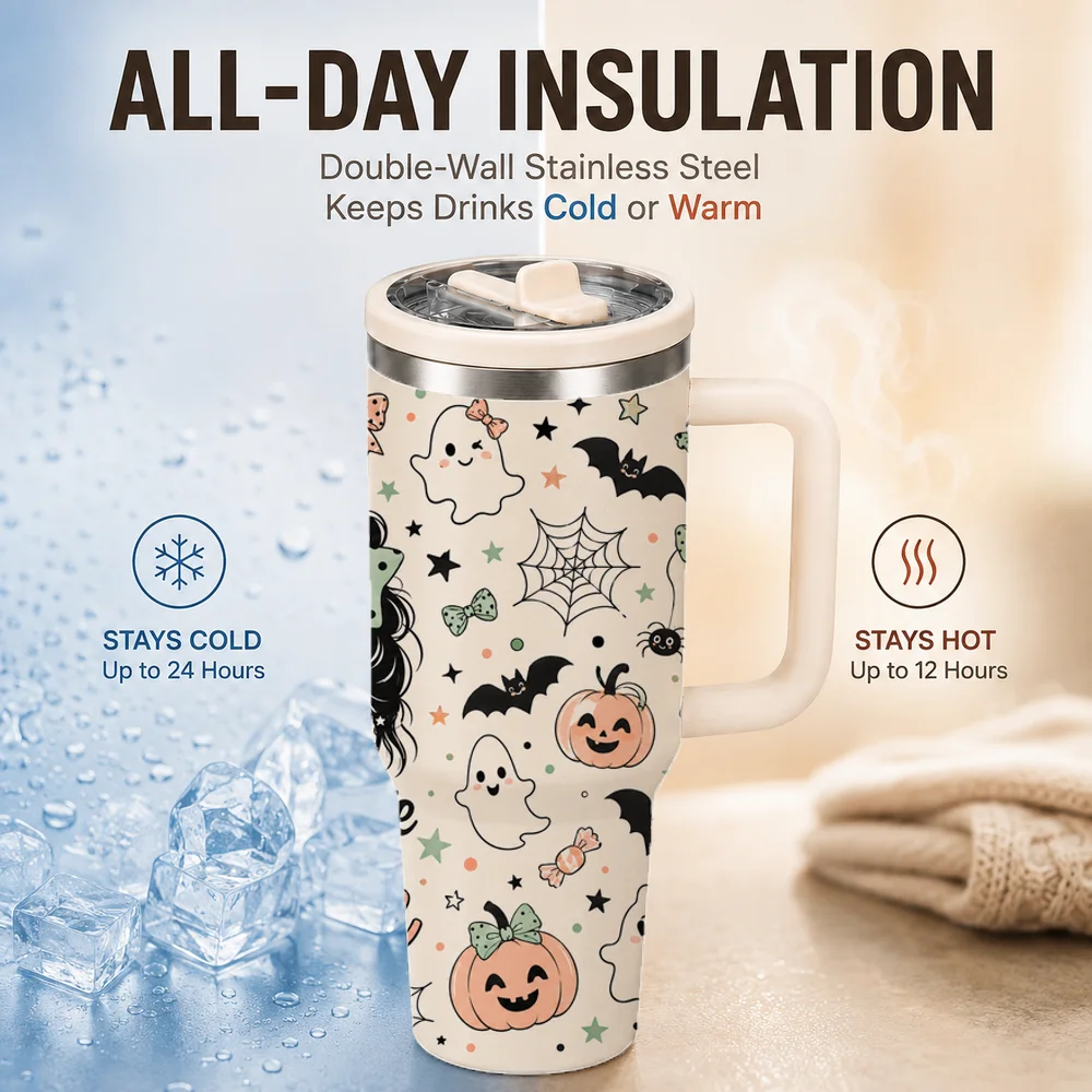 Spooky Halloween Ghost Vacuum Flasks 40oz Large Capacity Stainless Steel Tumbler with Handle Straw Lid Insulated Travel Mug Cup