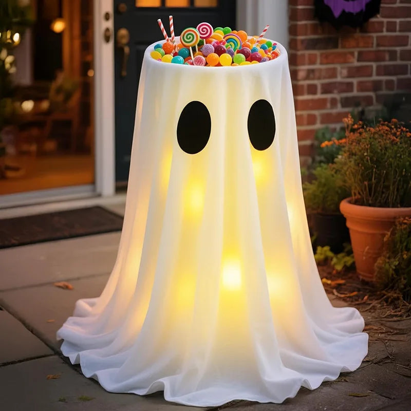 Standing Halloween Glowing Ghost Treat Bucket Height-adjustable Reusable Ghost Candy Bowl Luminous Halloween Candy Holder Bar