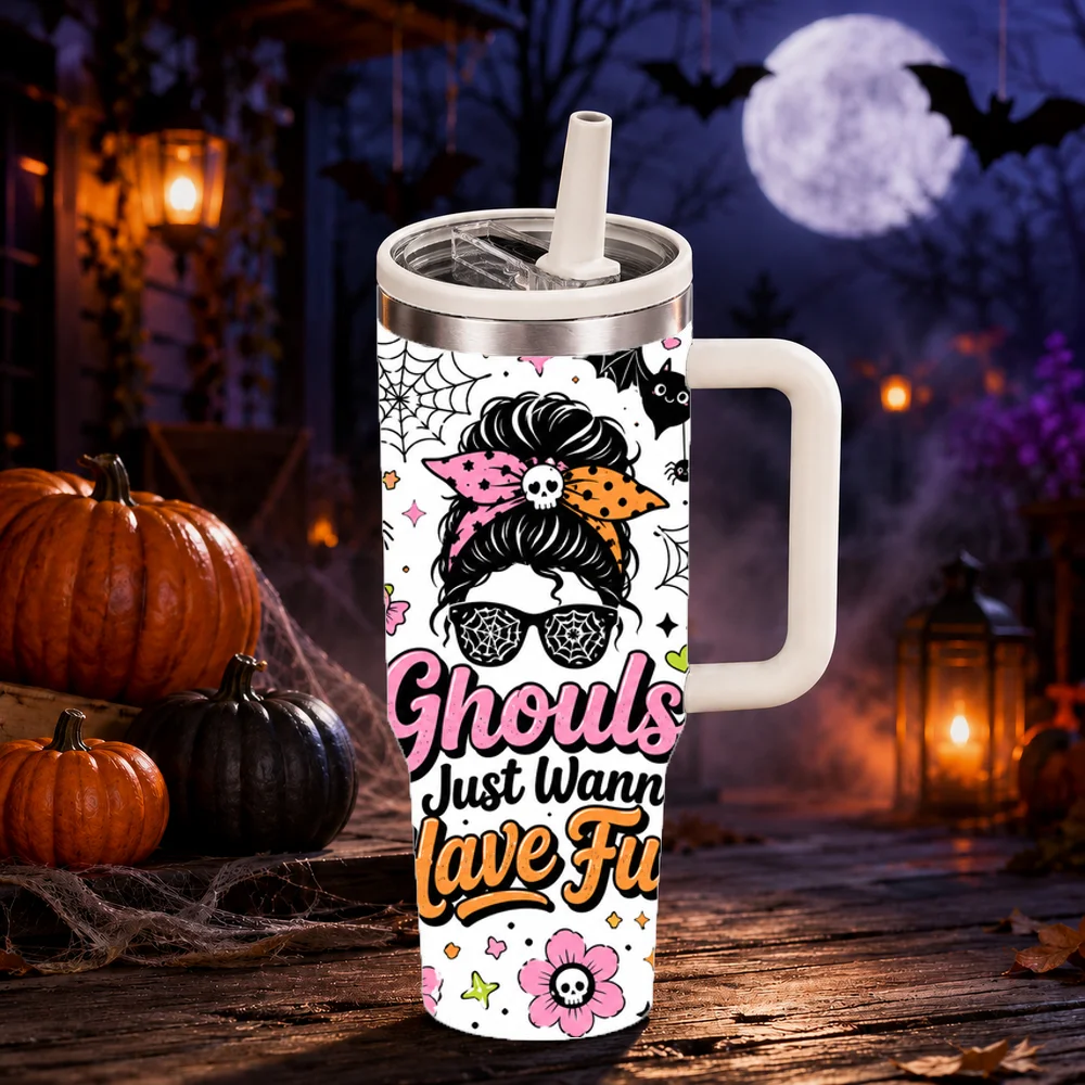 Spooky Halloween Ghost Vacuum Flasks 40oz Large Capacity Stainless Steel Tumbler with Handle Straw Lid Insulated Travel Mug Cup