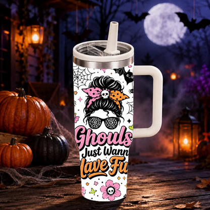 Spooky Halloween Ghost Vacuum Flasks 40oz Large Capacity Stainless Steel Tumbler with Handle Straw Lid Insulated Travel Mug Cup