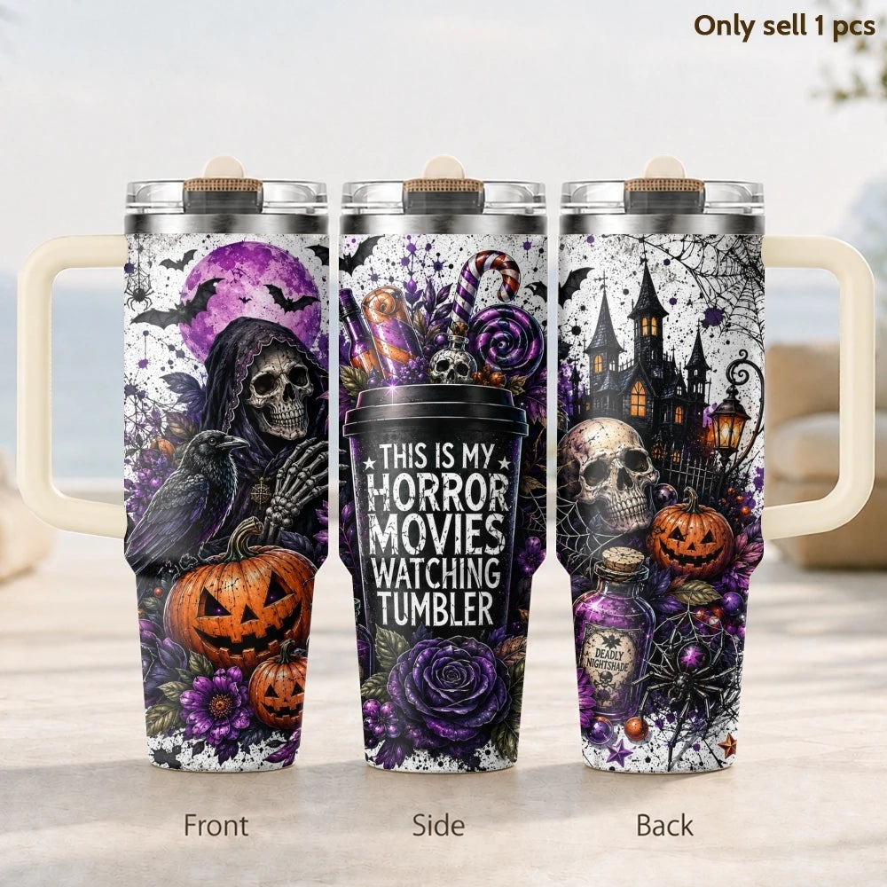Halloween Horror Skull Pumpkin Purple Rose Print Vacuum Flasks 40oz 3rd Stainless Steel Tumbler Cup Handle Straw Lid for Gifts