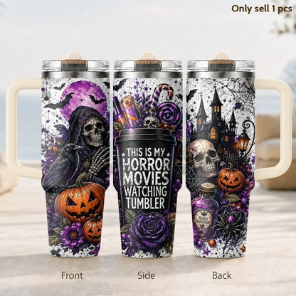 Halloween Horror Skull Pumpkin Purple Rose Print Vacuum Flasks 40oz 3rd Stainless Steel Tumbler Cup Handle Straw Lid for Gifts