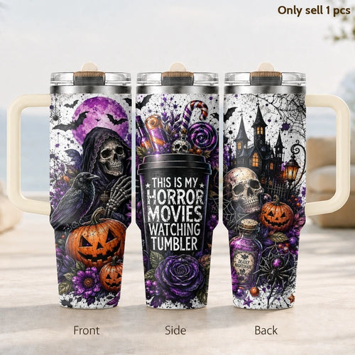 Halloween Horror Skull Pumpkin Purple Rose Print Vacuum Flasks 40oz 3rd Stainless Steel Tumbler Cup Handle Straw Lid for Gifts