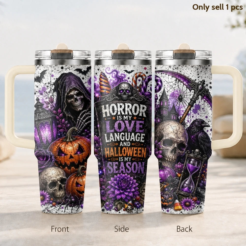 Halloween Horror Skull Pumpkin Purple Rose Print Vacuum Flasks 40oz 3rd Stainless Steel Tumbler Cup Handle Straw Lid for Gifts