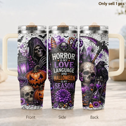 Halloween Horror Skull Pumpkin Purple Rose Print Vacuum Flasks 40oz 3rd Stainless Steel Tumbler Cup Handle Straw Lid for Gifts
