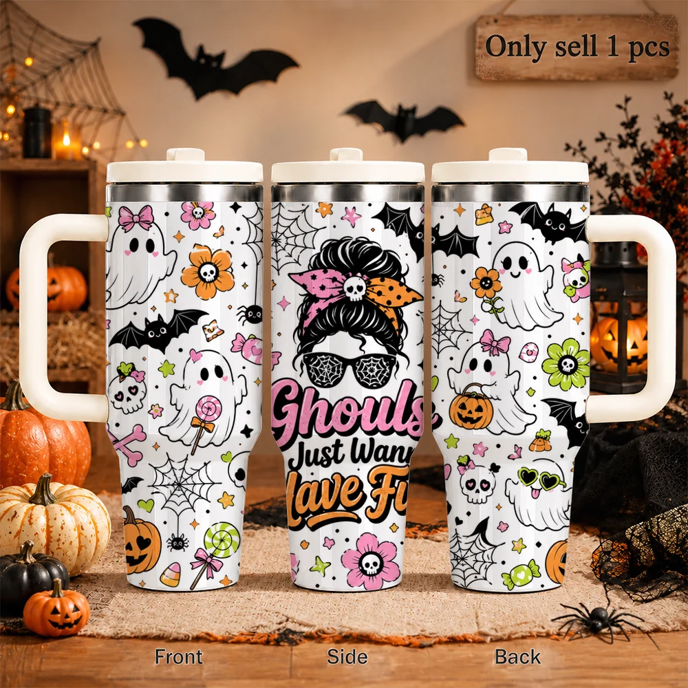 Spooky Halloween Ghost Vacuum Flasks 40oz Large Capacity Stainless Steel Tumbler with Handle Straw Lid Insulated Travel Mug Cup