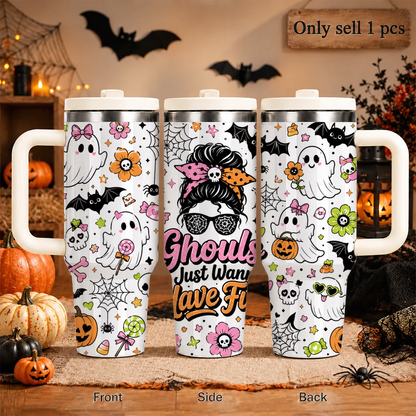 Spooky Halloween Ghost Vacuum Flasks 40oz Large Capacity Stainless Steel Tumbler with Handle Straw Lid Insulated Travel Mug Cup